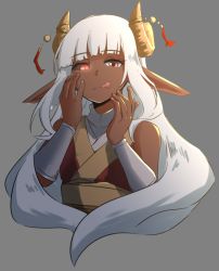 Rule 34 | 1girl, :q, curled horns, dark-skinned female, dark skin, demon horns, glowing, glowing eyes, grey background, hands up, horn ornament, horns, long hair, looking at viewer, mismatched pupils, mismatched sclera, niseoto, original, pointy ears, red eyes, simple background, slit pupils, solo, tassel, tongue, tongue out, white hair