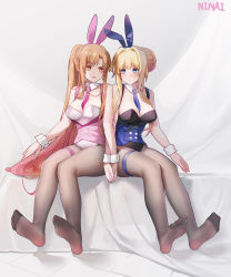 Rule 34 | 2girls, absurdres, alice zuberg, animal ears, asuna (sao), bare arms, bare shoulders, blonde hair, blue eyes, blue leotard, bow, bowtie, brown eyes, brown hair, covered navel, detached collar, fake animal ears, feet, fingernails, full body, highleg, highleg leotard, highres, holding hands, leotard, long hair, looking at another, multiple girls, ninai, no bra, no panties, no shoes, open mouth, pantyhose, playboy bunny, rabbit ears, rabbit tail, red leotard, side-tie leotard, sitting, soles, strapless, strapless leotard, sword art online, sword art online: alicization, tail, toes, wrist cuffs, yuri
