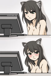 Rule 34 | 1girl, 2koma, :&lt;, animal ears, artist request, black hair, blush, breasts, casual nudity, cat ears, censored, cleavage, comic, computer, convenient censoring, green eyes, long hair, looking at viewer, monitor, nude, nude in front of computer, out-of-frame censoring, silent comic, solo, source request, when you see it