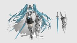 Rule 34 | 1girl, aqua eyes, aqua hair, armor, armored boots, boots, breastplate, cape, gauntlets, grey background, hatsune miku, highres, holding, holding shield, holding sword, holding weapon, knight, long hair, nine (liuyuhao1992), plate armor, serious, shield, shoulder armor, skirt, solo, sword, twintails, very long hair, visor (armor), vocaloid, weapon