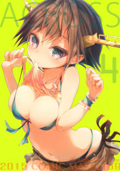 Rule 34 | 10s, 1girl, alternate costume, aqua bikini, bad id, bikini, breasts, brown eyes, brown hair, cleavage, clothes lift, female focus, flipped hair, from above, hairband, hiei (kancolle), kantai collection, large breasts, looking at viewer, micro bikini, miniskirt, mouth hold, navel, perspective, shirt lift, skindentation, skirt, solo, stomach, sune (mugendai), suneo, swimsuit, wrist cuffs
