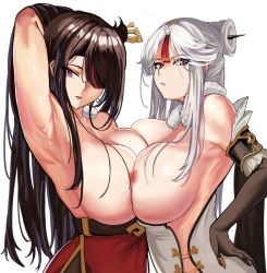 Rule 34 | 2girls, absurdres, arm behind head, arm up, armpits, bad id, bad pixiv id, bare shoulders, beidou (genshin impact), black gloves, blush, breast press, breasts, brown hair, china dress, chinese clothes, colored eyepatch, dress, elbow gloves, eyepatch, fur collar, genshin impact, gloves, hair ornament, hair over one eye, hairpin, half updo, highres, large breasts, long hair, looking at viewer, loooyd, multiple girls, ningguang (genshin impact), nipples, parted bangs, red dress, red eyes, sidelocks, symmetrical docking, tassel, white dress, white hair