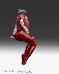 Rule 34 | 1girl, absurdres, artist name, artist request, ass, baseball cap, bodysuit, bodysuit under clothes, breasts, brown hair, curvy, eyepatch, full body, hat, highres, huge ass, interface headset, invisible chair, jacket, long hair, looking at viewer, looking back, medium breasts, neon genesis evangelion, plugsuit, rebuild of evangelion, red bodysuit, roniguts, shiny clothes, simple background, sitting, solo, souryuu asuka langley, standing, track jacket, two side up, wide hips
