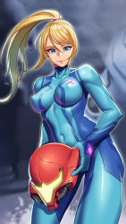 Rule 34 | 1girl, blonde hair, blue bodysuit, blue eyes, blurry, blurry background, bodysuit, breasts, closed mouth, covered erect nipples, covered navel, glowing, helm, helmet, high ponytail, highres, holding, impossible bodysuit, impossible clothes, large breasts, lips, long hair, looking at viewer, lyoung0j, metroid, nintendo, samus aran, shiny clothes, skin tight, smile, solo, sweat, swept bangs, turtleneck, zero suit
