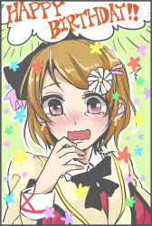 Rule 34 | 1girl, black bow, black bowtie, blush, border, bow, bowtie, brown hair, collared shirt, commentary request, ear blush, flower, frilled shirt collar, frills, grey border, hair bow, hair flower, hair ornament, happy birthday, highres, jacket, kashikaze, koizumi hanayo, long sleeves, love live!, love live! school idol project, open mouth, outline, purple eyes, shirt, short hair, solo, sore wa bokutachi no kiseki, tearing up, upper body, wavy mouth, white outline, white shirt, yellow jacket