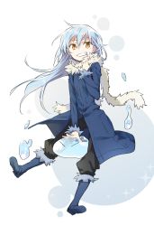 Rule 34 | 1other, a (phrase), androgynous, blue hair, boots, dual persona, fur, fur-trimmed boots, fur-trimmed jacket, fur-trimmed sleeves, fur collar, fur trim, hair between eyes, highres, jacket, long hair, long sleeves, looking at viewer, mikoto kei, open mouth, rimuru tempest, simple background, slime (creature), slime (substance), smile, teeth, tensei shitara slime datta ken, very long hair, yellow eyes