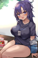 Rule 34 | 1girl, :d, absurdres, blue archive, blue buruma, blue jacket, blue shirt, blush, breasts, buruma, gym uniform, halo, highres, jacket, kihou no gotoku dmc, lanyard, large breasts, long hair, looking at viewer, lunchbox, off shoulder, official alternate costume, open clothes, open jacket, open mouth, purple hair, shirt, short sleeves, sidelocks, sitting, smile, solo, star sticker, sticker on face, sweat, taut clothes, taut shirt, thick thighs, thighs, track jacket, yuuka (blue archive), yuuka (track) (blue archive)