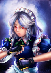 Rule 34 | 1girl, angry, apron, between fingers, blue background, bonnet, braiding hair, embodiment of scarlet devil, gloves, grey eyes, hairdressing, haryudanto, highres, holding, holding knife, izayoi sakuya, knife, knives between fingers, looking at viewer, maid, maid apron, red eyes, silver hair, solo focus, touhou
