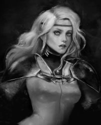 Rule 34 | 1girl, armor, bodysuit, circlet, claymore (series), commentary, dark background, eyelashes, grey eyes, greyscale, highres, labret piercing, lips, long hair, looking at viewer, miawrly, monochrome, original, parted lips, pauldrons, piercing, realistic, shoulder armor, solo, teeth, upper body, white bodysuit, white hair