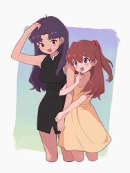 Rule 34 | 149mts, 2girls, absurdres, age difference, arm hug, blue eyes, blush, breasts, brown eyes, dress, earrings, hair between eyes, highres, jewelry, katsuragi misato, medium breasts, multiple girls, neon genesis evangelion, open mouth, purple hair, size difference, small breasts, souryuu asuka langley, yellow dress, yuri