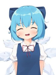 Rule 34 | 1girl, absurdres, blue bow, blue dress, blue hair, blush, bow, bowtie, cirno, closed eyes, collar, dress, farrel kb, hair between eyes, highres, ice, ice wings, open mouth, puffy short sleeves, puffy sleeves, red bow, red bowtie, shirt, short hair, short sleeves, simple background, smile, solo, teeth, tongue, touhou, white background, white collar, white shirt, white sleeves, wings