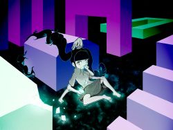 1girl black_hair blunt_bangs braid collared_shirt colored_skin commentary_request dark extra_arms full_body glowing goa_(goaana) horror_(theme) long_hair monoko prehensile_hair shirt sitting skirt solo twin_braids twintails very_long_hair white_skin yume_nikki