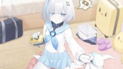 Rule 34 | 1girl, 1other, :o, artist request, azur lane, bag, bed, black nails, blue eyes, blue hair, blue neckerchief, blue sailor collar, blue skirt, blush, clothes grab, colored eyelashes, colored skin, commander (azur lane), embarrassed, eyes visible through hair, fingernails, four-leaf clover necklace, game cg, hair ornament, hair over one eye, hairclip, highres, holding, holding wallet, indoors, jewelry, long sleeves, looking at viewer, manjuu (azur lane), multicolored hair, nail polish, neckerchief, necklace, non-web source, official art, open mouth, pale skin, pleated skirt, pov, sailor collar, school uniform, serafuku, shirt, short hair, sitting, skirt, socks, spoken money, streaked hair, tb (azur lane), tearing up, two-tone hair, wallet, wariza, white hair, white shirt, white skin, wooden floor