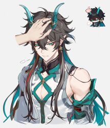Rule 34 | 1boy, black hair, chibi, chibi inset, chinese clothes, closed mouth, dan heng (honkai: star rail), dan heng (imbibitor lunae) (honkai: star rail), darkavey, detached sleeves, dragon boy, dragon horns, earrings, english text, eyeliner, green eyes, green horns, hair between eyes, headpat, honkai: star rail, honkai: star rail sticker redraw (meme), honkai (series), horns, jewelry, long hair, long sleeves, looking down, male focus, meme, muscular, muscular male, pectoral cleavage, pectorals, pointy ears, red eyeliner, simple background, twitter username, upper body, white background