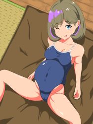 Rule 34 | 1girl, brown hair, cameltoe, highres, love live!, love live! superstar!!, one-piece swimsuit, one eye closed, pregnant, school swimsuit, swimsuit, tang keke, wink