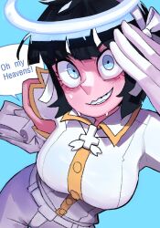 Rule 34 | 1girl, angel, azazel (helltaker), bbizim03, black hair, blue background, blue eyes, bob cut, breasts, commentary, constricted pupils, contrapposto, cross, cross necklace, dress shirt, english commentary, english text, eyelashes, from above, gloves, grin, halo, hand on own hip, helltaker, holding, holding notepad, jewelry, large breasts, looking at viewer, looking up, necklace, nervous, nervous smile, notepad, pants, salute, shirt, short hair, short sleeves, simple background, smile, solo, speech bubble, sweat, teeth, two-tone shirt, upper body, white gloves, white pants, white shirt, wide-eyed, yellow shirt