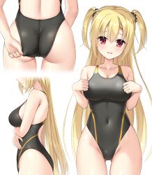 Rule 34 | 1girl, absurdres, adjusting clothes, adjusting swimsuit, arihara nanami, arm support, armpit crease, arms at sides, arms under breasts, ass, ass focus, bare arms, bare shoulders, black one-piece swimsuit, blonde hair, blush, breasts, closed mouth, collarbone, commentary request, competition swimsuit, cover, cover page, covered navel, cowboy shot, crossed arms, curvy, eyes visible through hair, fingernails, flower, groin, hair between eyes, hair flower, hair ornament, head out of frame, head tilt, highleg, highleg swimsuit, highres, large breasts, long hair, looking at viewer, multiple views, ncontrail (mgax7527), official alternate costume, official alternate hairstyle, one-piece swimsuit, poolside, red eyes, red flower, riddle joker, simple background, smile, standing, straight hair, swimsuit, thighs, tsurime, twintails, very long hair, wading, water, white background