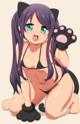 Rule 34 | 1girl, animal ears, animal hands, bare arms, bare legs, bare shoulders, bikini, black bikini, blush, capitan (tsyoujo), child, collarbone, female focus, flat chest, full body, gloves, highres, long hair, navel, open mouth, original, paw gloves, shiny skin, simple background, solo, swimsuit, tail, teeth, upper teeth only