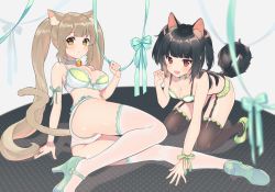 Rule 34 | 2girls, :d, animal ear fluff, animal ears, arm support, ass, bare arms, bare shoulders, bell, black hair, black panties, blurry, blurry foreground, blush, bow, bra, breasts, brown eyes, brown legwear, cat ears, cat girl, cat tail, choker, cleavage, collarbone, commentary request, cona kinaco, depth of field, dog ears, dog girl, dog tail, fang, fingernails, frilled panties, frills, garter straps, green bow, green choker, green footwear, hand up, high heels, highres, jingle bell, kneeling, light brown hair, medium breasts, multiple girls, neck bell, open mouth, original, panties, red eyes, shoe soles, shoes, smile, tail, thighhighs, twintails, underwear, underwear only, white bra, white legwear, white panties
