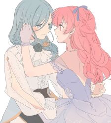 Rule 34 | 2girls, aozora ni negau your happiness! (project sekai), ascot, blue eyes, blue hair, bride, broom, dress, gloves, hand in another&#039;s hair, hand on another&#039;s head, hinomori shizuku, implied yuri, light blue hair, looking at another, momoi airi, multiple girls, pink eyes, pink hair, project sekai, seri (vyrlw), smile, wedding dress