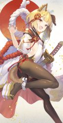 Rule 34 | 1girl, :d, animal ears, ass, black pantyhose, blonde hair, blunt bangs, blush, breasts, brown eyes, claw pose, dog ears, dog tail, from side, gi (melmail), gradient background, granblue fantasy, hair ribbon, highres, leg up, legs, long sleeves, looking at viewer, looking to the side, midriff, open mouth, pantyhose, petals, platform clogs, platform footwear, red ribbon, ribbon, rope, sheath, sheathed, shimenawa, shiny clothes, short hair, sideboob, small breasts, smile, solo, standing, standing on one leg, sword, tabard, tail, vajra (granblue fantasy), weapon, white footwear, wide sleeves