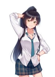 Rule 34 | 1girl, black hair, blush, breast pocket, breasts, cleavage, closed mouth, collarbone, cowboy shot, green necktie, hand on own hip, idolmaster, idolmaster shiny colors, jewelry, kamille (vcx68), large breasts, long hair, necklace, necktie, plaid, plaid skirt, pocket, ponytail, shirase sakuya, skirt, smile, solo, very long hair, yellow eyes