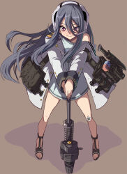 Rule 34 | 1girl, bandaid, bandaid on knee, bandaid on leg, black footwear, black hair, black nails, closed mouth, embarrassed, exia (nikke), full body, goddess of victory: nikke, gun, hair between eyes, handheld game console, headphones, headset, holding, holding weapon, jacket, knife, long hair, nail polish, nervous smile, off shoulder, open clothes, open jacket, purple eyes, rifle, sandals, shirt, sidelocks, simple background, smile, sniper rifle, solo, syope, weapon, white jacket