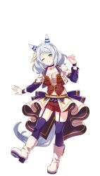 Rule 34 | 1girl, alternate costume, animal ears, boots, breasts, brown eyes, closed mouth, collar, collarbone, ear covers, full body, grey hair, hair ornament, highres, hishi miracle (umamusume), horse ears, horse tail, looking at viewer, medium breasts, official art, one eye closed, shorts, smile, solo, standing, standing on one leg, starting future (umamusume), tail, thighhighs, transparent background, umamusume