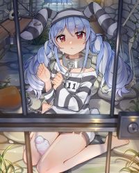 Rule 34 | 1girl, absurdres, animal ears, bare legs, barefoot, bench, black shirt, blue hair, blush, breasts, carrot, chain, closed mouth, collar, commentary, crying, crying with eyes open, don-chan (usada pekora), drill hair, ears down, english commentary, eyes visible through hair, frown, full body, hair between eyes, hat, highres, hololive, indoors, libratul, light blue hair, long hair, looking at viewer, multicolored hair, off-shoulder shirt, off shoulder, official alternate costume, prison, prison cell, prison clothes, rabbit ears, rabbit girl, rabbit tail, red eyes, sad, shirt, sitting, skeleton, skull, small breasts, soles, solo, stone floor, stone wall, streaked hair, striped clothes, striped headwear, striped shirt, tail, tears, thick eyebrows, thighs, twin drills, twintails, two-tone hair, two-tone shirt, usada pekora, usada pekora (prisoner), virtual youtuber, wall, wariza, white hair, white shirt