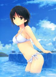 Rule 34 | 1girl, absurdres, aoyama sumika, bikini, black hair, blue sky, breasts, brown eyes, cleavage, cloud, coffee-kizoku, cowboy shot, day, from side, highres, huge filesize, leaning forward, light smile, looking at viewer, medium breasts, navel, original, outdoors, partially submerged, scan, short hair, side-tie bikini bottom, sky, smile, solo, strap gap, swimsuit, wading, water, white bikini