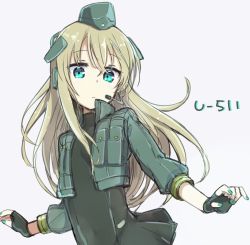 Rule 34 | 10s, 1girl, alternate eye color, aqua eyes, aqua nails, blonde hair, blue eyes, buttons, character name, cropped jacket, fingerless gloves, fingernails, garrison cap, gloves, hat, headphones, headset, kantai collection, long hair, long sleeves, looking at viewer, microphone, military, military uniform, nail polish, nonono (mino), solo, swimsuit, swimsuit under clothes, u-511 (kancolle), uniform