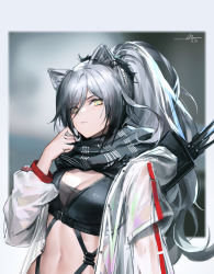 Rule 34 | 1girl, absurdres, alov, animal ears, arknights, arrow (projectile), black scarf, blue pupils, blurry, blurry background, breasts, cat ears, cleavage, closed mouth, crop top, dated, earpiece, expressionless, eyes visible through hair, hair between eyes, highres, jacket, long hair, looking at viewer, medium breasts, midriff, navel, open clothes, open jacket, ponytail, quiver, scarf, schwarz (arknights), signature, silver hair, solo, upper body, white jacket, yellow eyes, zipper