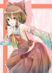 Rule 34 | 1girl, armpits, ascot, bare shoulders, bow, brown hair, detached sleeves, female focus, hair bow, hair tubes, hakurei reimu, hand on another&#039;s chest, hand on own chest, highres, japanese clothes, midriff, miko, no bra, open mouth, red eyes, reio reio, short hair, sidelocks, skirt, smile, solo, touhou