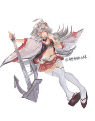 Rule 34 | 1girl, absurdres, akigeneral, anchor, azur lane, bad id, bad pixiv id, budget sarashi, fur trim, grey hair, hibiki (azur lane), highres, horns, long hair, looking at viewer, miniskirt, okobo, oni horns, open clothes, pleated skirt, red eyes, red skirt, sandals, sarashi, simple background, skindentation, skirt, solo, stomach, thighhighs, white background, white thighhighs, wide sleeves, zettai ryouiki