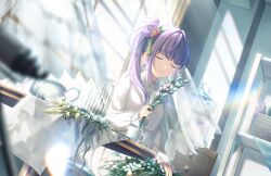 Rule 34 | blurry, blurry foreground, closed eyes, closed mouth, collared dress, cup, drawer, dress, flower, flower request, game cg, hair bun, hair flower, hair ornament, highres, holding, holding flower, indoors, lavender (flower), link! like! love live!, long hair, long sleeves, love live!, official art, otomune kozue, purple hair, red flower, side ponytail, sidelocks, single side bun, sitting, smile, sunlight, tablecloth, teacup, teapot, telescope, third-party source, upper body, vase, white dress, window