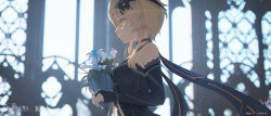 1girl absurdres backlighting black_dress black_scarf black_sleeves blonde_hair bouquet detached_sleeves dress flower from_side genshin_impact highres holding holding_bouquet looking_ahead lumine_(genshin_impact) scarf short_hair_with_long_locks sidelocks solo void_0 white_flower yellow_eyes