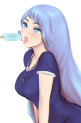 1girl blue_dress blue_eyes blue_hair blush boku_no_hero_academia breasts commentary dress english_commentary fellatio food hadou_nejire highres large_breasts long_hair open_mouth oral phallic_symbol popsicle sexually_suggestive short_sleeves shpo simple_background simulated_fellatio solo tongue tongue_out white_background