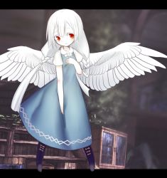 Rule 34 | 1girl, akira (meltyhip), albino, bird wings, blue dress, blush, boots, braid, closed mouth, colored skin, dress, hand on own chest, highres, letterboxed, long hair, looking at viewer, original, pigeon-toed, purple footwear, red eyes, short sleeves, smile, solo, spread wings, standing, twin braids, very long hair, white hair, white skin, white wings, wings