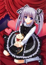 Rule 34 | 00s, 1girl, absurdres, blue eyes, goth fashion, gothic lolita, grey hair, heart, highres, lolita fashion, long hair, mary janes, nishimata aoi, non-web source, official art, primula, ribbon, shoes, shuffle!, solo, stuffed animal, stuffed cat, stuffed toy, twintails