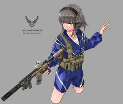 Rule 34 | 1girl, absurdres, assault rifle, breasts, cropped legs, eotech, foregrip, green eyes, grey background, grey hair, gun, hand up, headset, highres, holding, holding gun, holding weapon, laser sight, load bearing vest, looking at viewer, magazine (object), magazine (weapon), medium breasts, military, original, parted lips, rifle, shirt, short hair with long locks, simple background, solo, ssamjang (misosan), suppressor, united states air force, weapon, white shirt