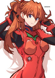 Rule 34 | 1girl, aosora2823, artist name, blue eyes, bodysuit, breasts, brown hair, closed mouth, cowboy shot, curvy, gluteal fold, hand in own hair, highres, interface headset, long hair, medium breasts, neon genesis evangelion, pilot suit, plugsuit, red bodysuit, shiny clothes, simple background, solo, souryuu asuka langley, standing, tsundere, turtleneck, wide hips