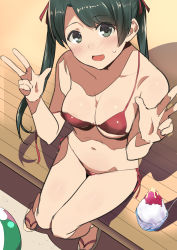 Rule 34 | 10s, 1girl, akechi shizuku, alternate breast size, ball, beachball, bikini, black hair, blush, breasts, cleavage, food, from above, grey eyes, hair tie, highres, kantai collection, looking at viewer, mikuma (kancolle), outdoors, red bikini, sandals, shaved ice, side-tie bikini bottom, sitting, solo, strap slip, sweatdrop, swimsuit, twintails, untied, v