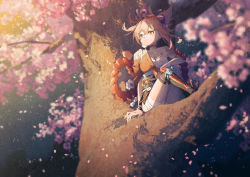 Rule 34 | black socks, blonde hair, cherry blossoms, collarbone, commentary request, falling petals, feet out of frame, genshin impact, hair up, in tree, japanese clothes, kimono, led up, light, looking away, medium hair, night, night sky, orange eyes, orange kimono, petals, potg (piotegu), sitting, sitting in tree, sky, smile, socks, solo, tree, yoimiya (genshin impact)