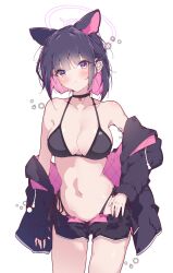 Rule 34 | 1girl, animal ears, bell, bikini, bikini top only, black bikini, black choker, black hair, black jacket, black shorts, blue archive, blush, breasts, cat choker, cat ears, choker, cleavage, closed mouth, collarbone, colored inner hair, extra ears, halkawa501, halo, highres, jacket, kazusa (blue archive), large breasts, long sleeves, looking at viewer, multicolored hair, neck bell, pink hair, pink halo, purple eyes, short hair, short shorts, shorts, solo, swimsuit, two-tone hair