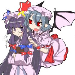 Rule 34 | 2girls, bat wings, bespectacled, blue hair, blunt bangs, blush stickers, book, cowboy shot, embodiment of scarlet devil, fang, female focus, full body, glasses, hair ribbon, hat, korean text, long hair, lowres, mob cap, multiple girls, patchouli knowledge, purple hair, remilia scarlet, ribbon, simple background, standing, touhou, very long hair, white background, wings