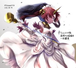 Rule 34 | 1girl, artist name, bare shoulders, blue eyes, breasts, commentary request, dated, dress, fate/grand order, fate (series), frankenstein&#039;s monster (fate), hair ornament, hair over one eye, holding, holding weapon, horns, medium breasts, pink hair, short hair, single horn, solo, translation request, weapon, white dress, zassou (ukjpn)