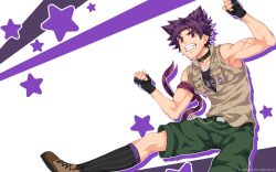 Rule 34 | 1boy, belt, brown shirt, camp buddy, collared shirt, foot out of frame, green shorts, highres, looking at viewer, male focus, mikkoukun, official art, official wallpaper, parted lips, purple hair, purple outline, purple ribbon, red eyes, ribbon, scar, scar on arm, scar on face, shirt, shorts, sleeveless, smile, solo, star (symbol), starry background, teeth, white background, yukimura yoichi