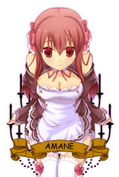 Rule 34 | 1girl, amane (dream c club), bad id, bad pixiv id, blush, bow, breasts, cleavage, comic sans, commentary request, detached sleeves, dream c club, dream c club (series), from above, hair bow, long hair, looking at viewer, nanohana kohina, red eyes, red hair, sitting, smile, solo, thigh gap, thighhighs, waitress, white thighhighs, zettai ryouiki