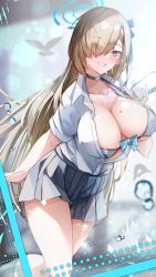 Rule 34 | absurdres, alpha beta, asuna (blue archive), blue archive, blue eyes, bow, bra, breasts, brown hair, cellphone, choker, cleavage, grin, hair over one eye, halo, highres, large breasts, long hair, looking at viewer, mole, mole on breast, phone, pleated skirt, school uniform, skirt, smartphone, smile, solo, unbuttoned, underwear