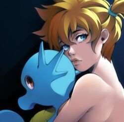 Rule 34 | 1girl, asymmetrical hair, back, bare arms, blue eyes, breasts, cleavage, creatures (company), danittaro, eyelashes, eyeshadow, game freak, gen 1 pokemon, hair tie, highres, horsea, looking at viewer, makeup, medium breasts, midriff, misty (pokemon), navel, nintendo, orange hair, pokemon, pokemon (anime), pokemon (classic anime), ponytail, shirt, short hair, side ponytail, simple background, solo, upper body